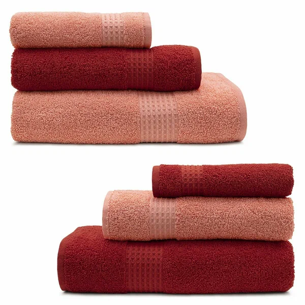 Большой набор махровых полотенец для всей семьи Самур - 6 штук (2 больших, 2 средних, 2 маленьких) розовый, красный / хлопок / подарок